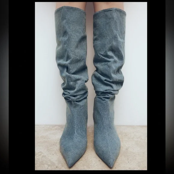 ZARA SLOUCHY DENIM BOOTS - Picture 3 of 16
